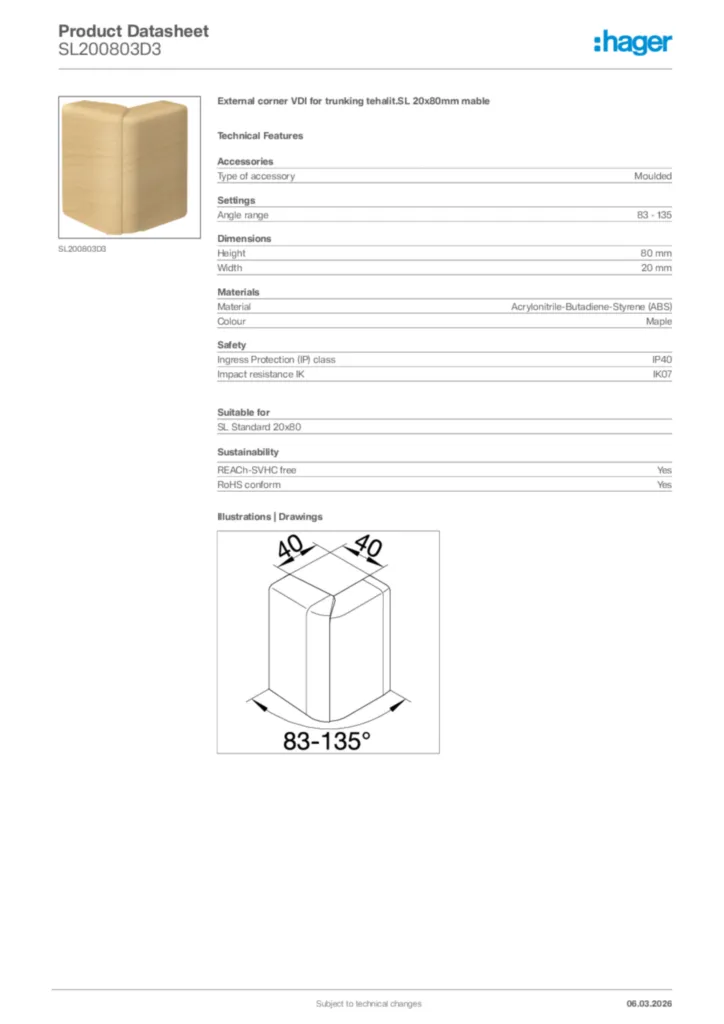 Image Hager Product data sheet SL200803D3  | Hager Africa