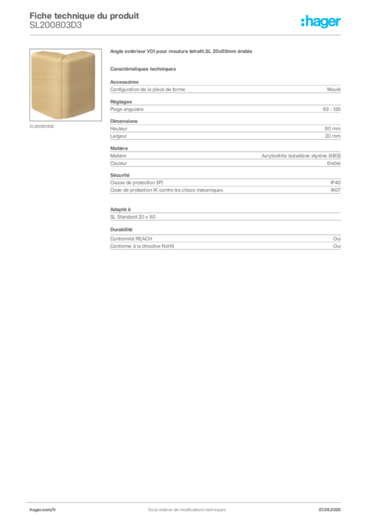 Image Hager Fiche technique du produit SL200803D3 | Hager France