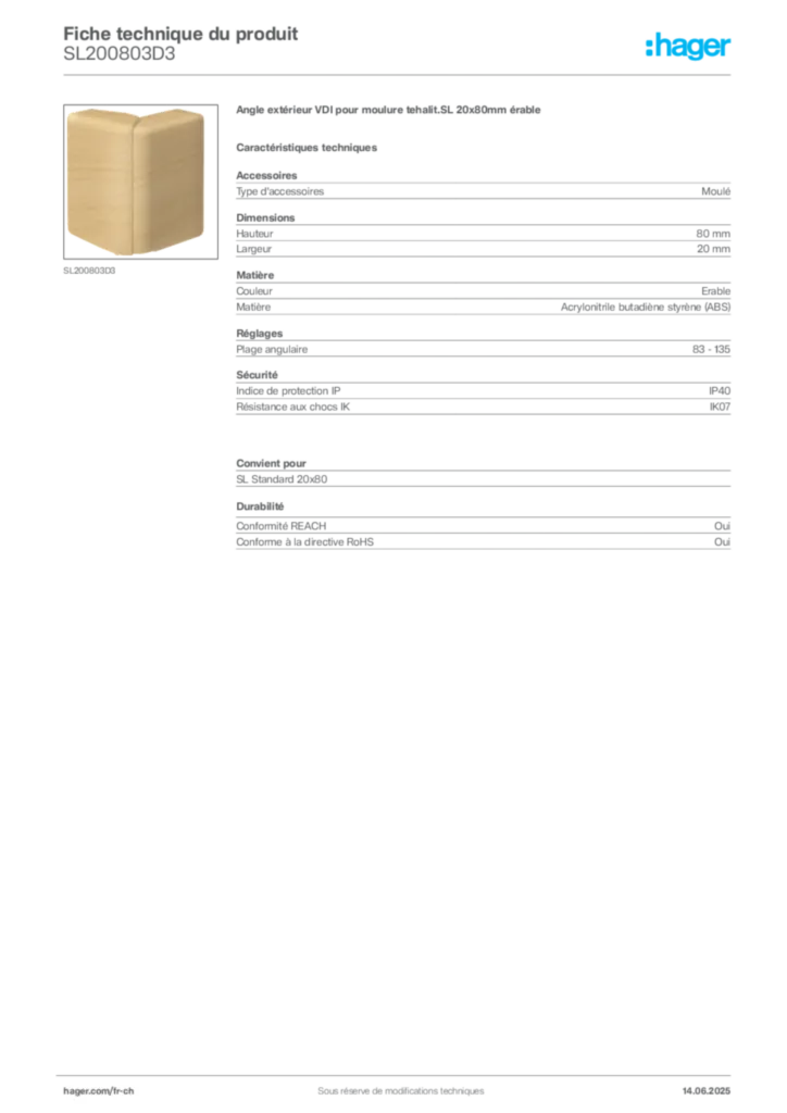 Image Hager Fiche technique du produit SL200803D3 | Hager Suisse