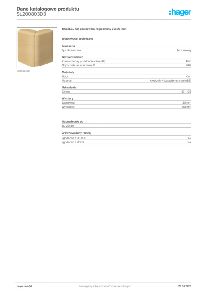 Zdjęcie Hager Karta katalogowa SL200803D3 | Hager Polska