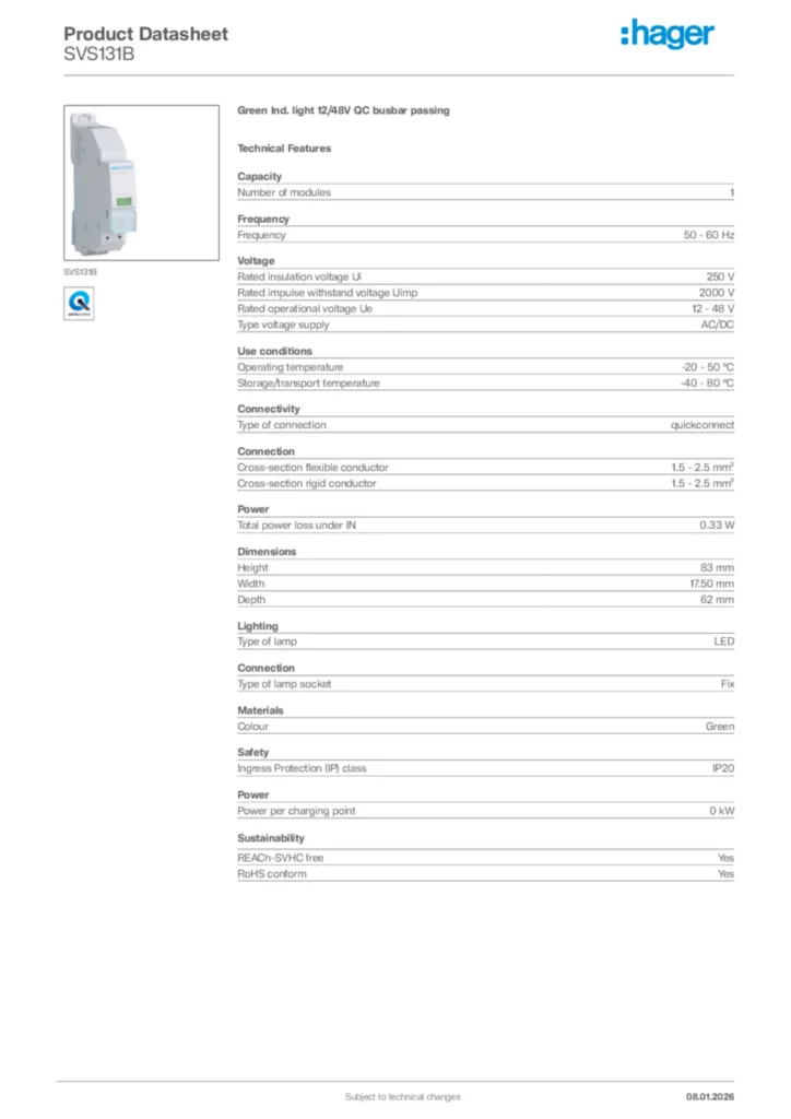 Image Hager Product data sheet SVS131B  | Hager Africa