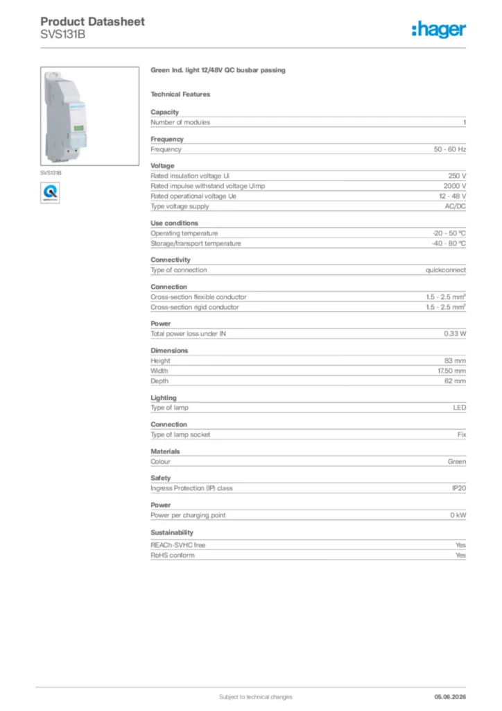 Image Hager Product data sheet SVS131B  | Hager Africa