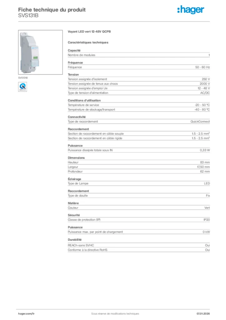 Image Hager Fiche technique du produit SVS131B | Hager France