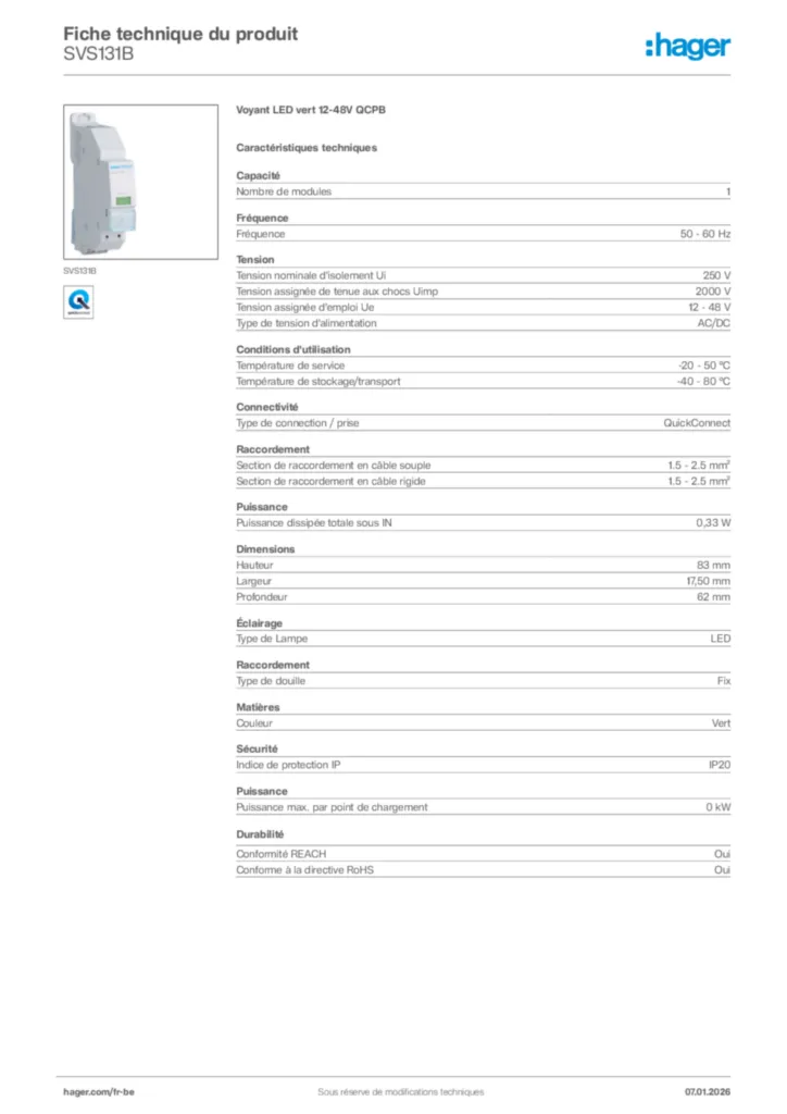 Image Hager Fiche technique du produit SVS131B | Hager Belgique