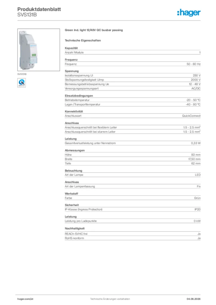 Bild Hager Produktdatenblatt SVS131B | Hager Deutschland