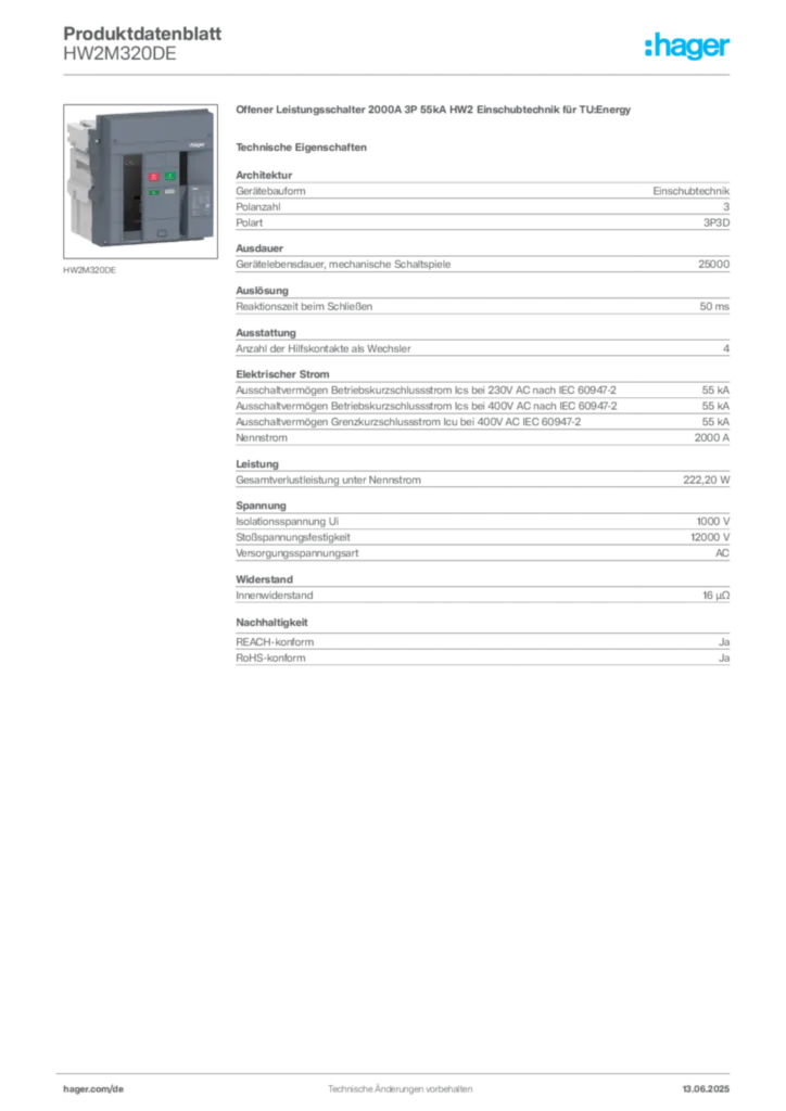 Bild Hager Produktdatenblatt HW2M320DE | Hager Deutschland