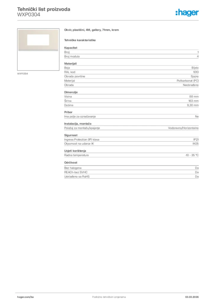 Slika Hager Tehnički list proizvoda WXP0304  | Hager