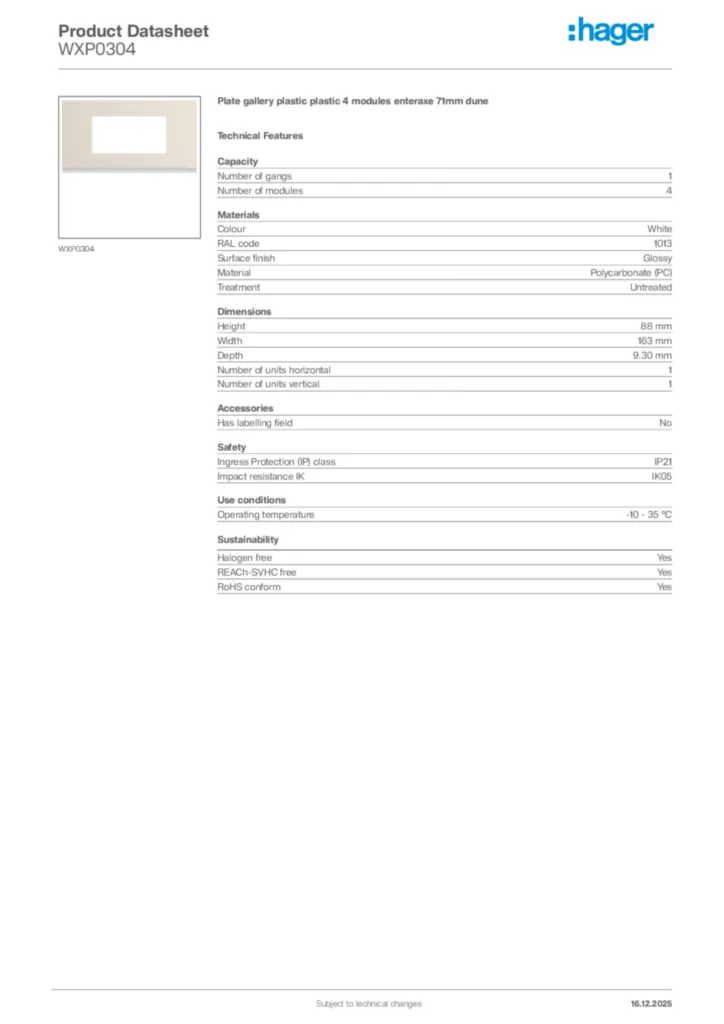 Image Hager Product data sheet WXP0304  | Hager