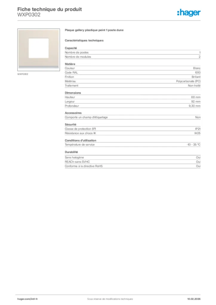 Image Hager Fiche technique du produit WXP0302 | Hager Afrique