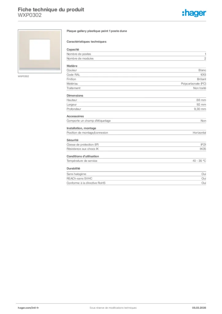 Image Hager Fiche technique du produit WXP0302 | Hager Afrique