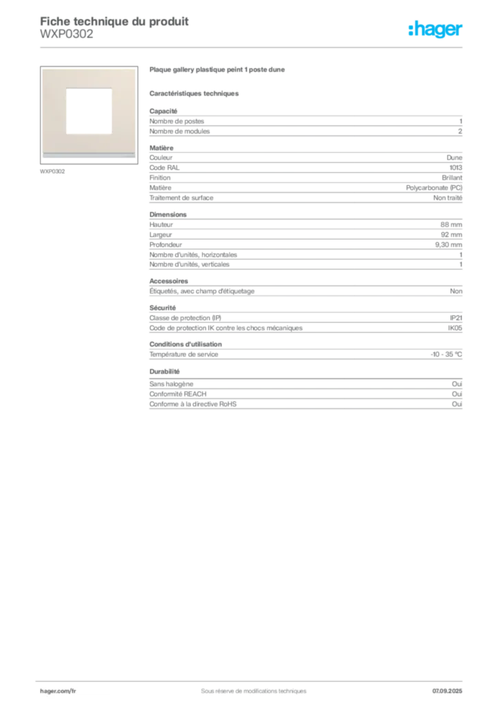 Image Hager Fiche technique du produit WXP0302 | Hager France