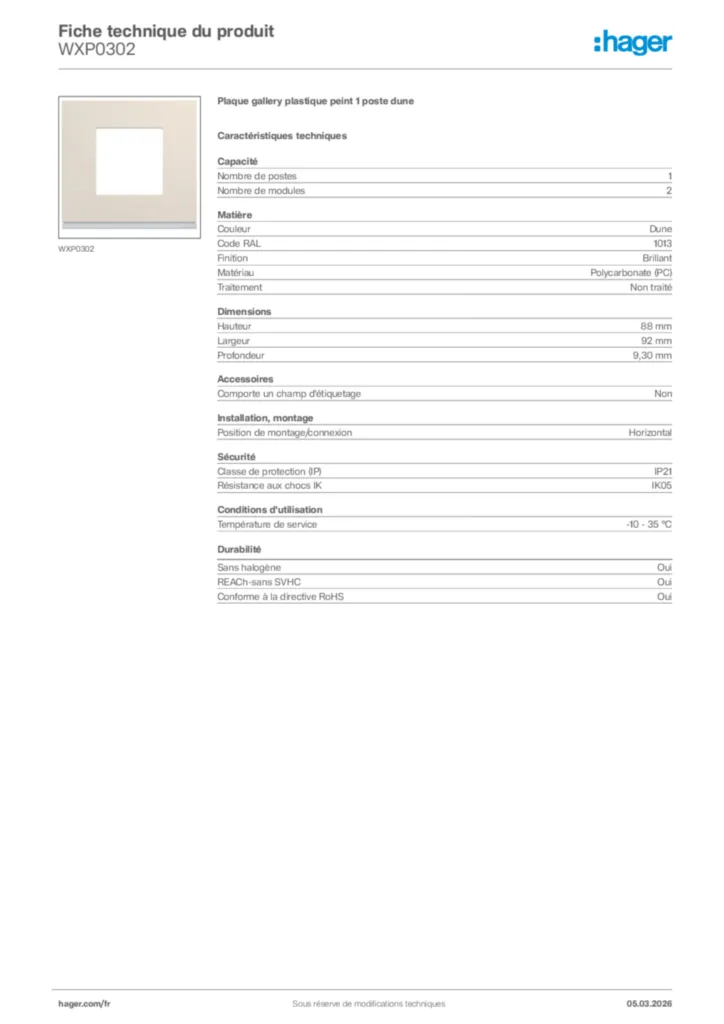 Image Hager Fiche technique du produit WXP0302 | Hager France