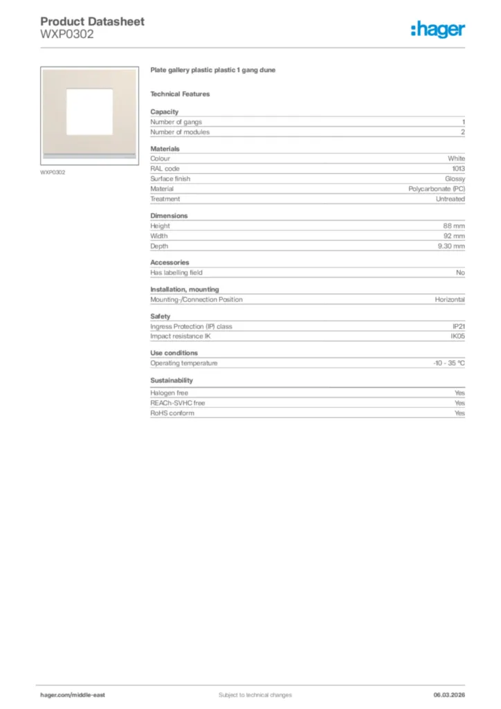 Image Hager Product data sheet WXP0302  | Hager