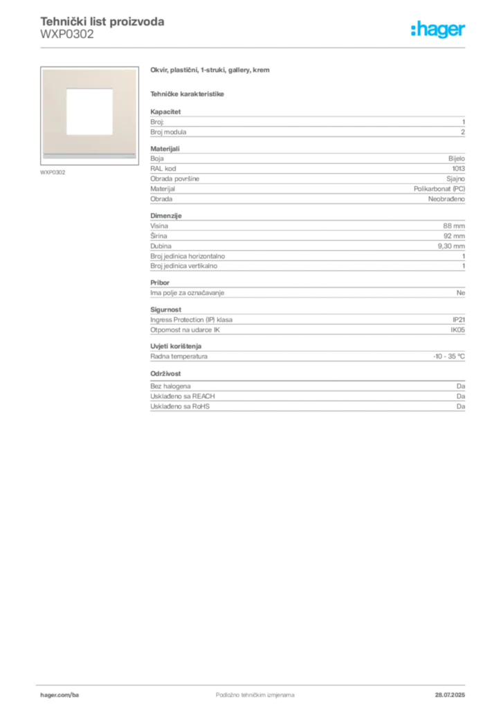 Slika Hager Product data sheet WXP0302  | Hager