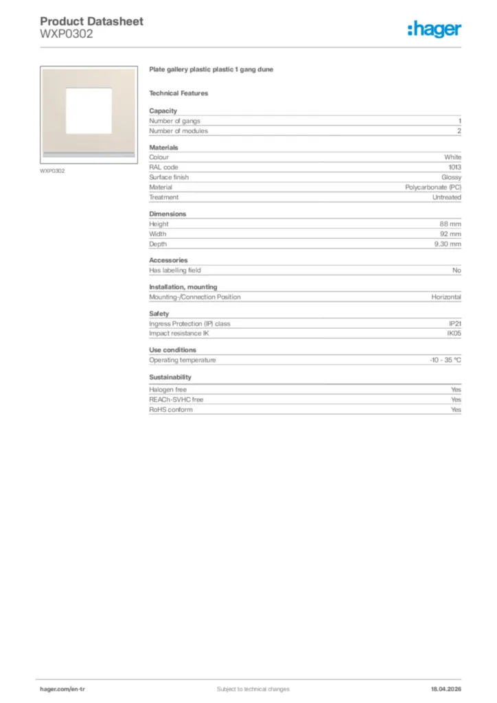 Image Hager Product data sheet WXP0302  | Hager
