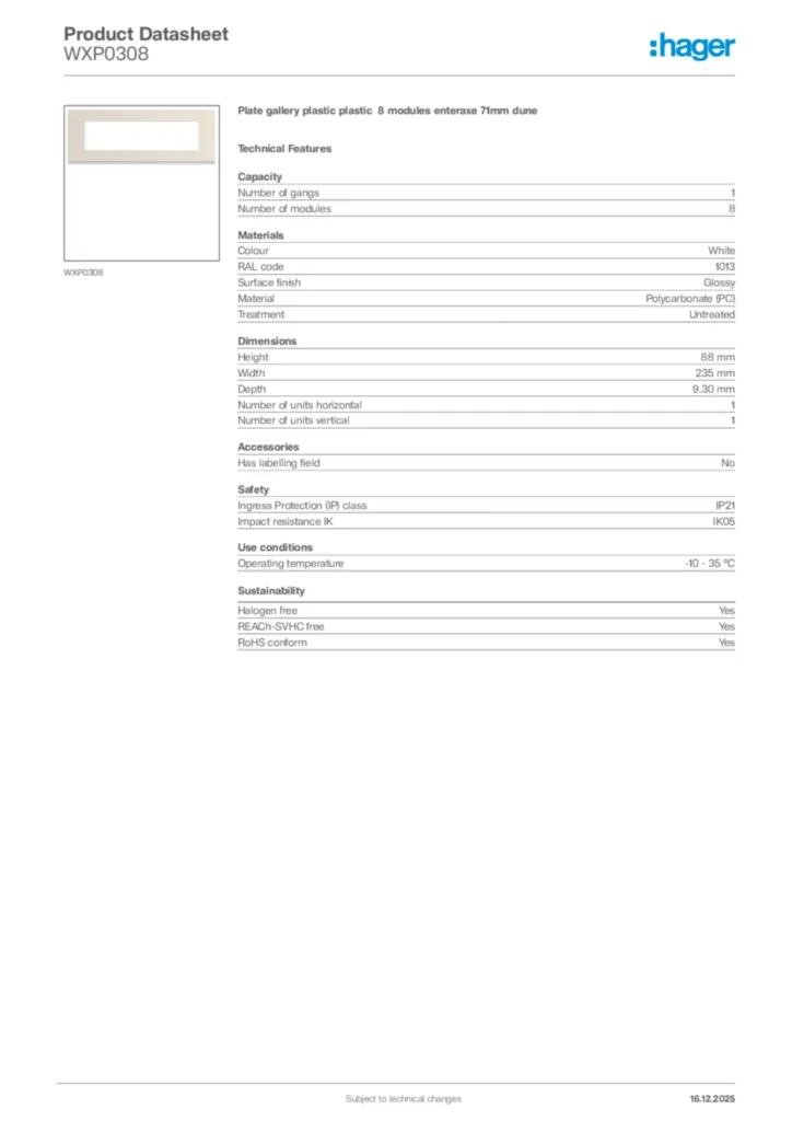 Image Hager Product data sheet WXP0308  | Hager Africa