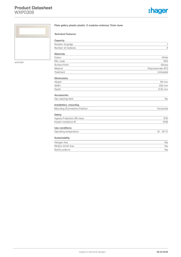 Image Hager Product data sheet WXP0308  | Hager Africa