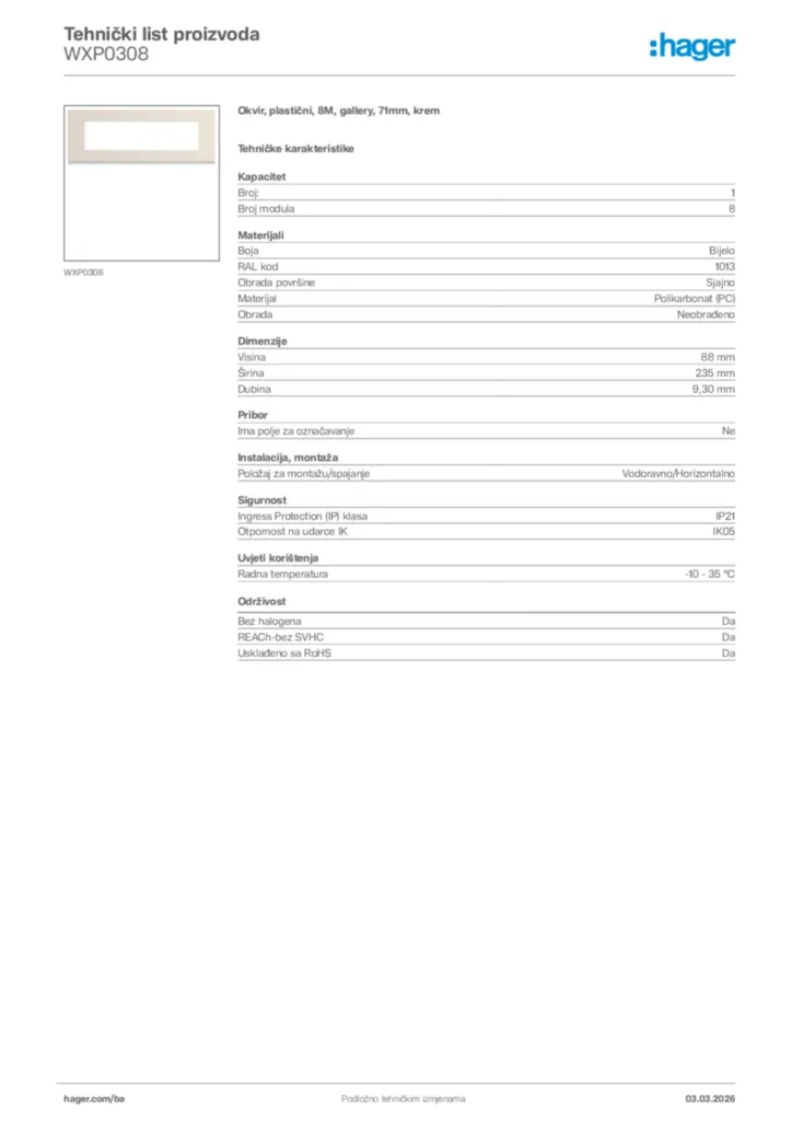 Slika Hager Tehnički list proizvoda WXP0308  | Hager