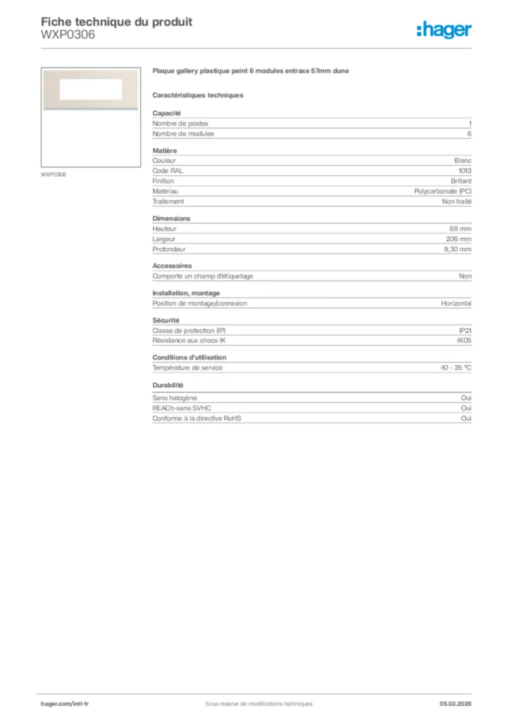 Image Hager Fiche technique du produit WXP0306 | Hager Afrique