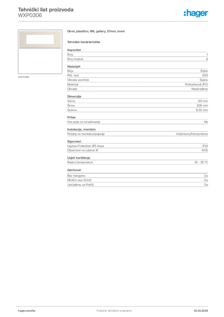 Slika Hager Tehnički list proizvoda WXP0306  | Hager