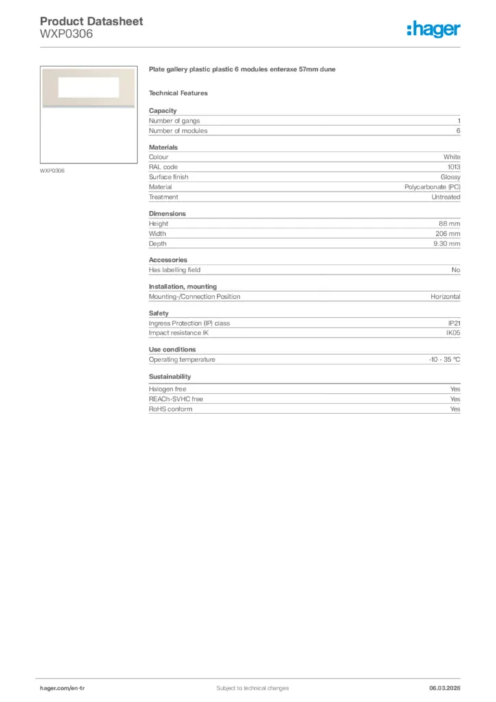 Image Hager Product data sheet WXP0306  | Hager