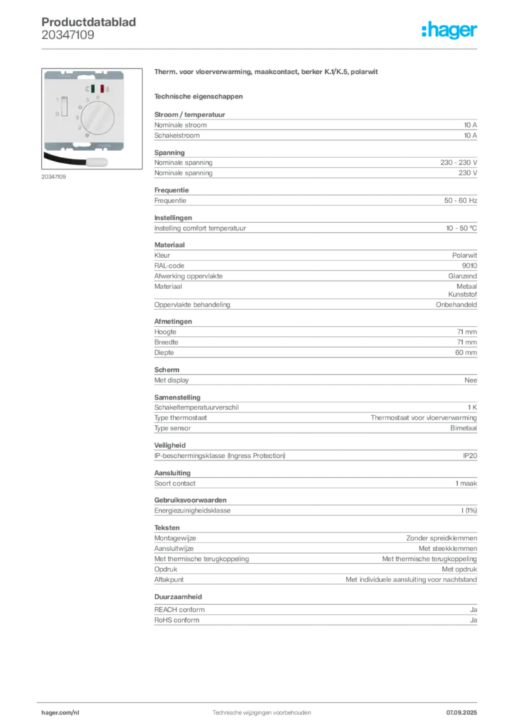 Afbeelding Hager Productdatablad 20347109 | Hager Nederland
