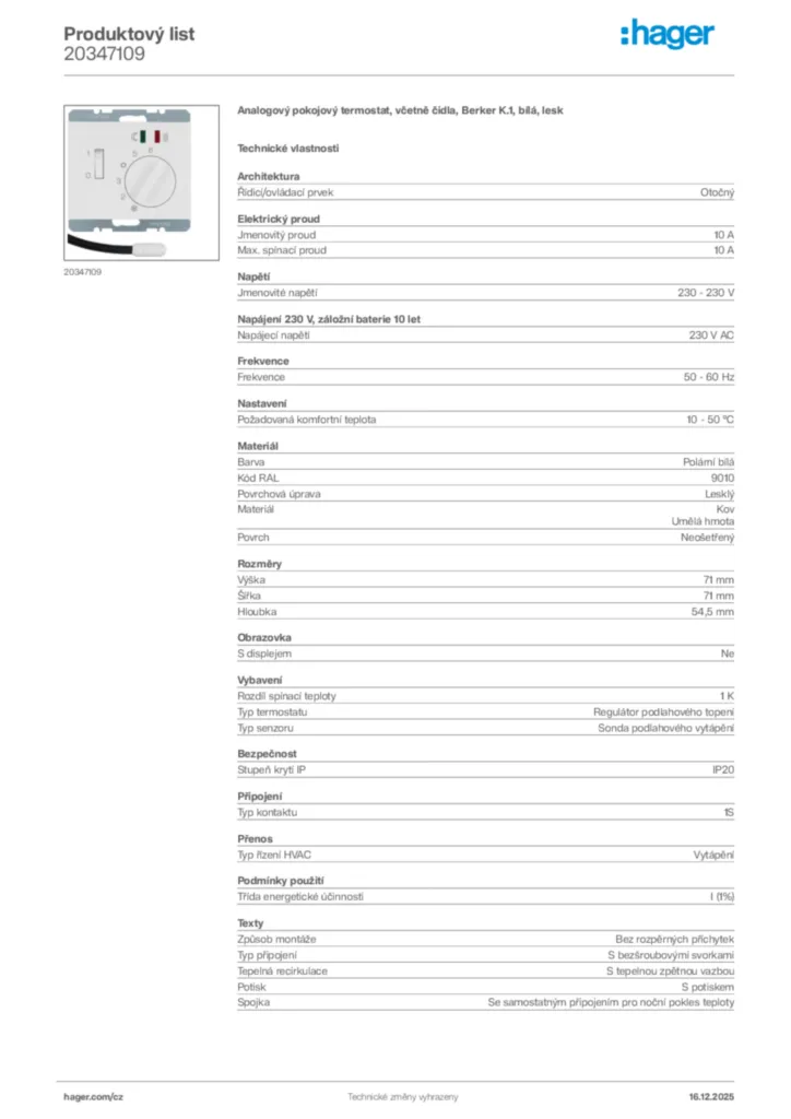 Obrázek Hager Produktový list 20347109 | Hager
