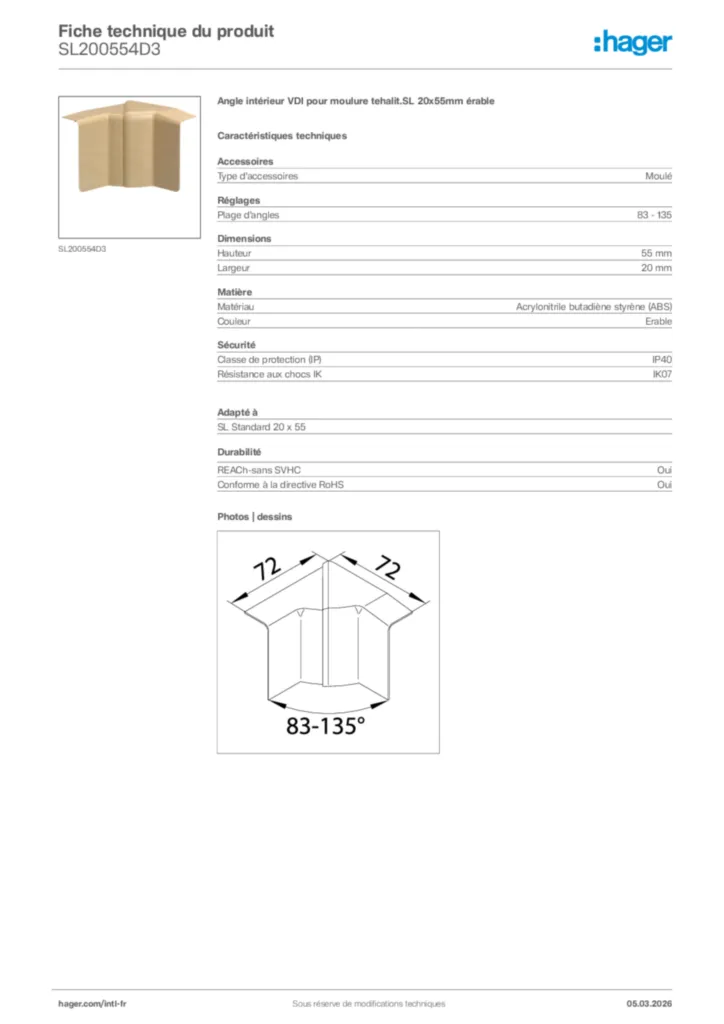 Image Hager Fiche technique du produit SL200554D3 | Hager Afrique