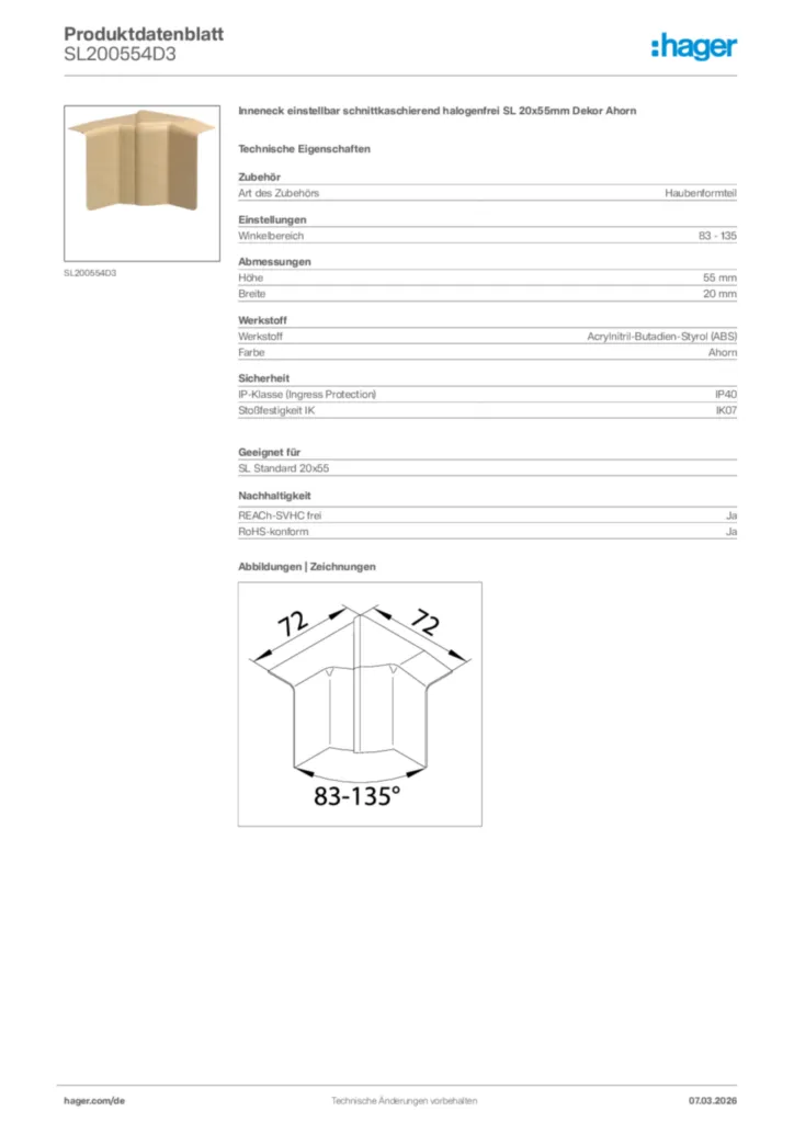 Bild Hager Produktdatenblatt SL200554D3 | Hager Deutschland