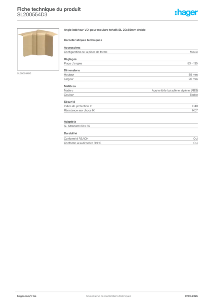 Image Hager Fiche technique du produit SL200554D3 | Hager Belgique