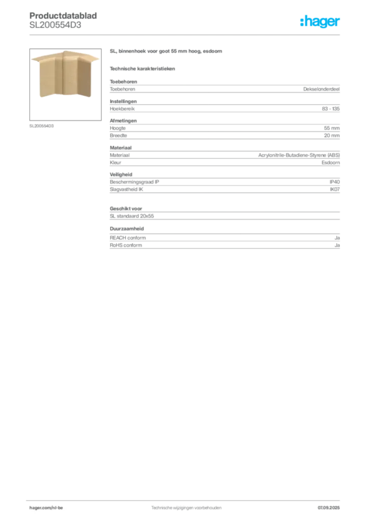 Afbeelding Hager Productdatablad SL200554D3 | Hager Belgium
