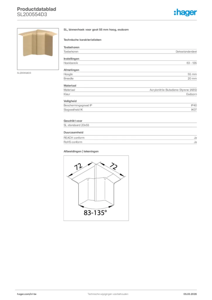 Afbeelding Hager Productdatablad SL200554D3 | Hager Belgium