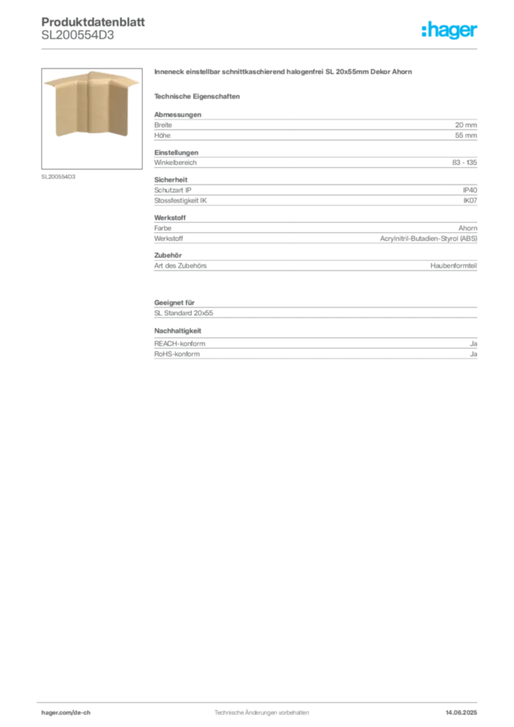 Bild Hager Produktdatenblatt SL200554D3 | Hager Schweiz