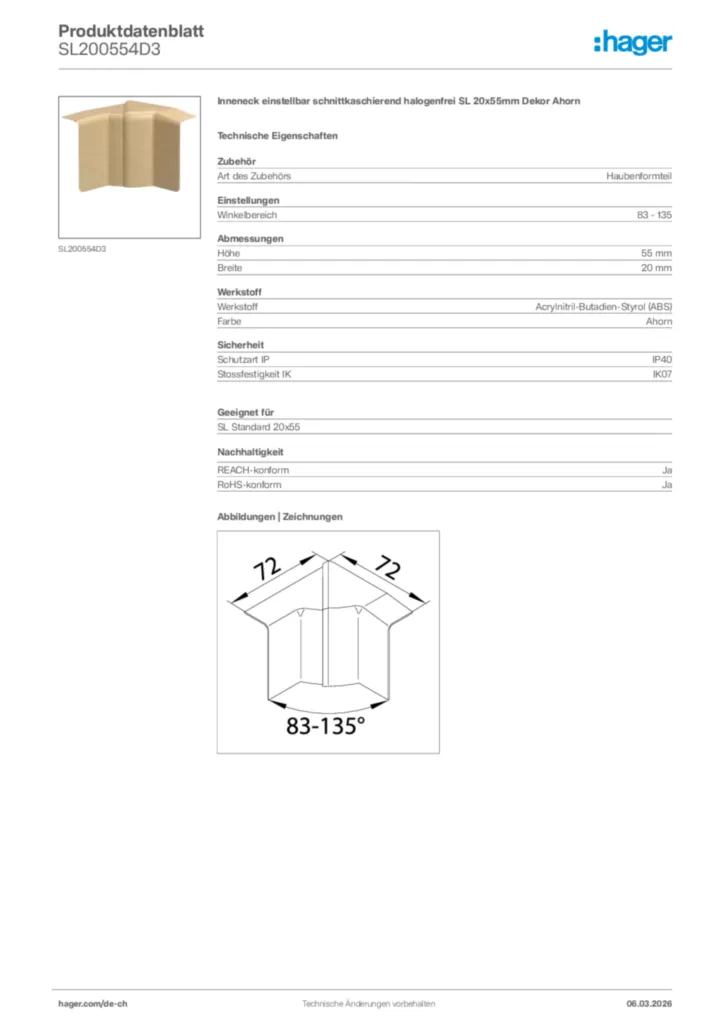 Bild Hager Produktdatenblatt SL200554D3 | Hager Schweiz