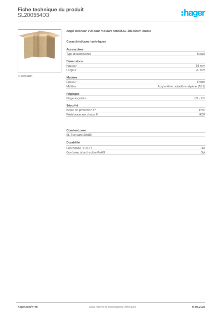 Image Hager Fiche technique du produit SL200554D3 | Hager Suisse