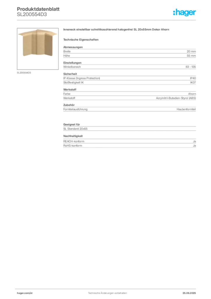 Bild Hager Produktdatenblatt SL200554D3 | Hager Deutschland