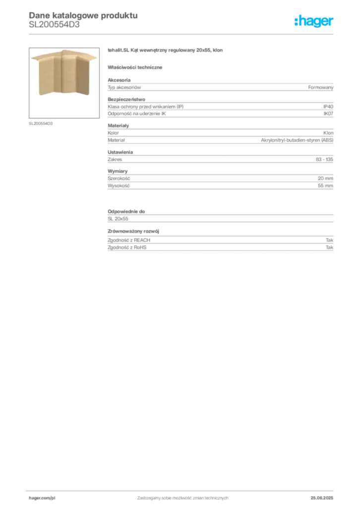Zdjęcie Hager Karta katalogowa SL200554D3 | Hager Polska
