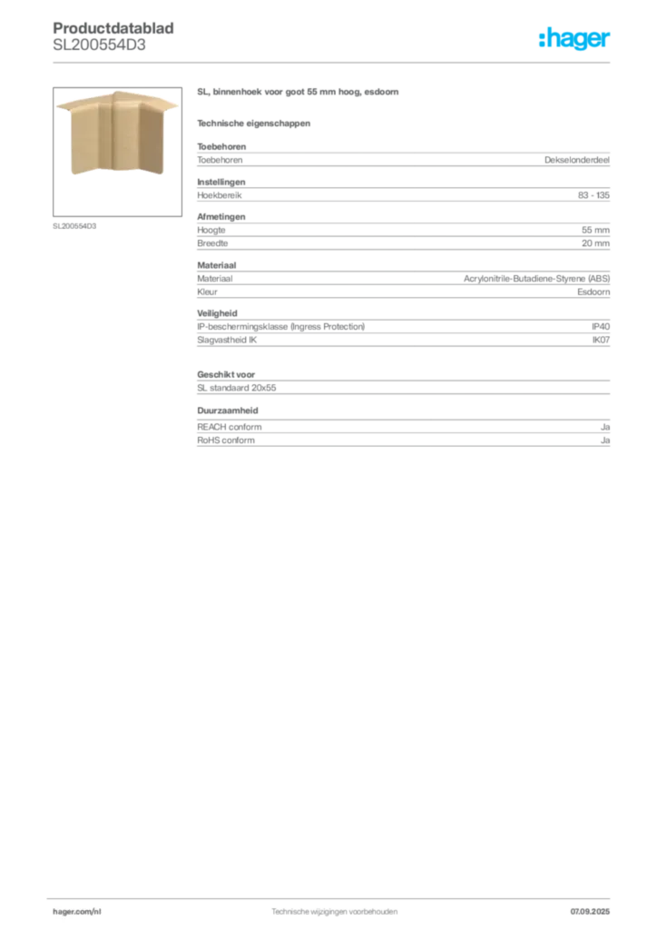 Afbeelding Hager Productdatablad SL200554D3 | Hager Nederland