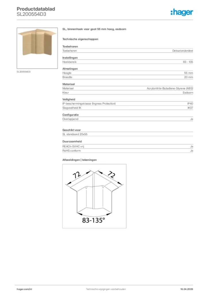 Afbeelding Hager Productdatablad SL200554D3 | Hager Nederland