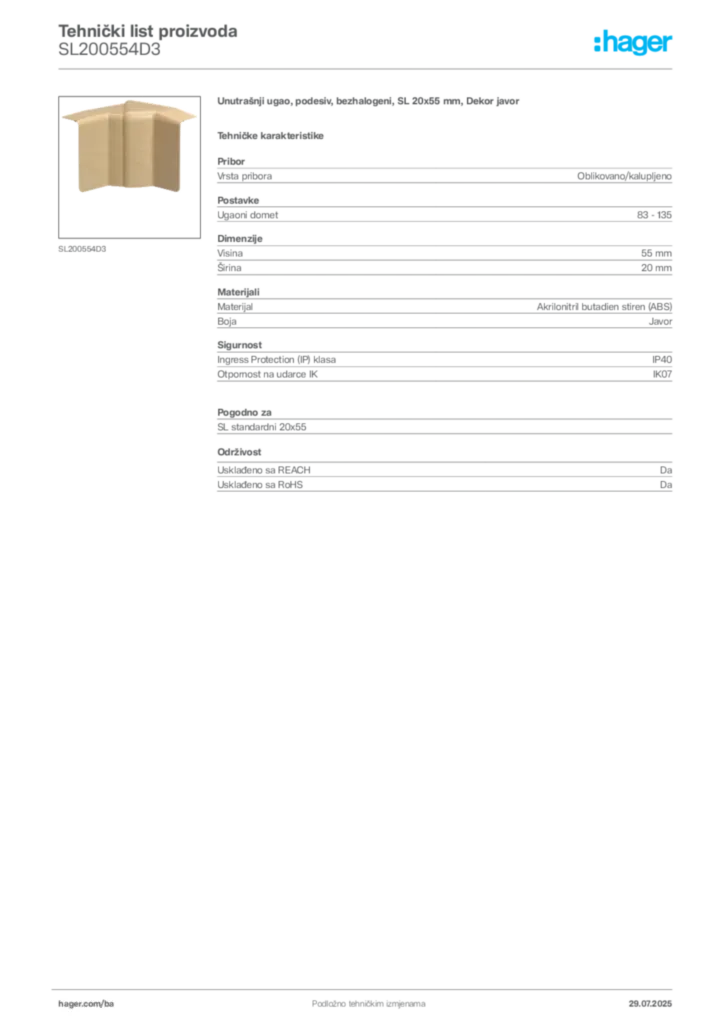 Slika Hager Product data sheet SL200554D3  | Hager