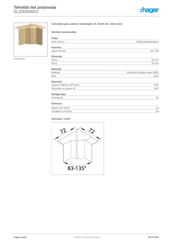 Slika Hager Tehnički list proizvoda SL200554D3  | Hager