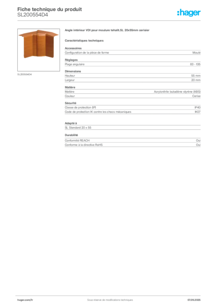 Image Hager Fiche technique du produit SL200554D4 | Hager France