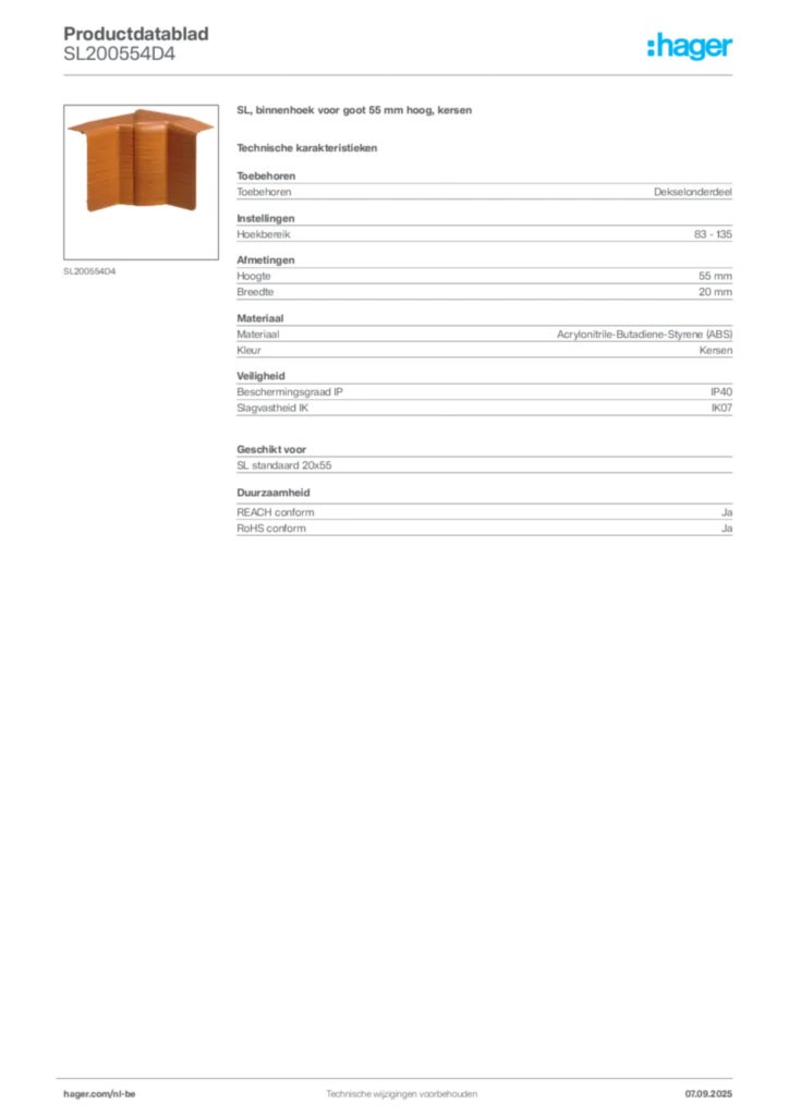 Afbeelding Hager Productdatablad SL200554D4 | Hager Belgium