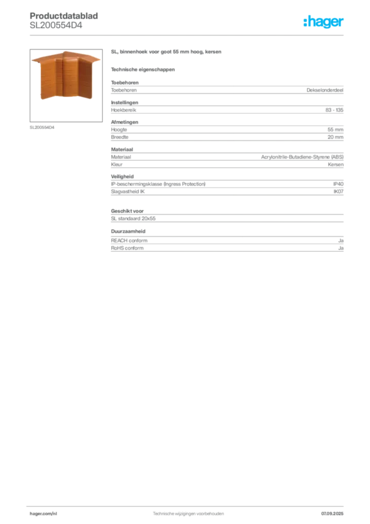Afbeelding Hager Productdatablad SL200554D4 | Hager Nederland