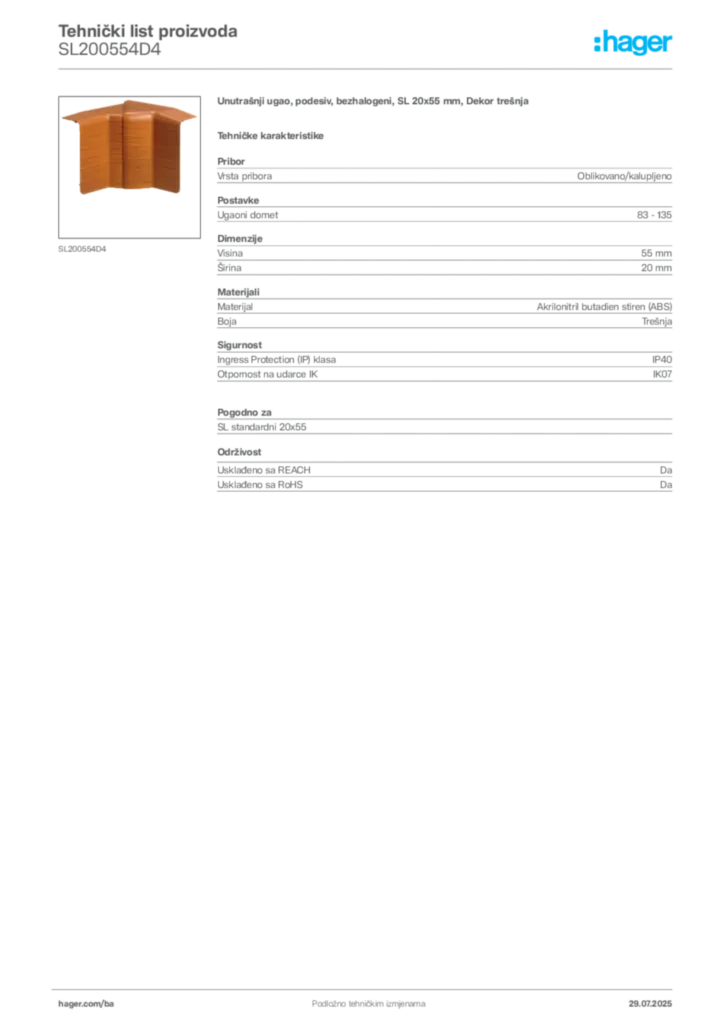 Slika Hager Product data sheet SL200554D4  | Hager