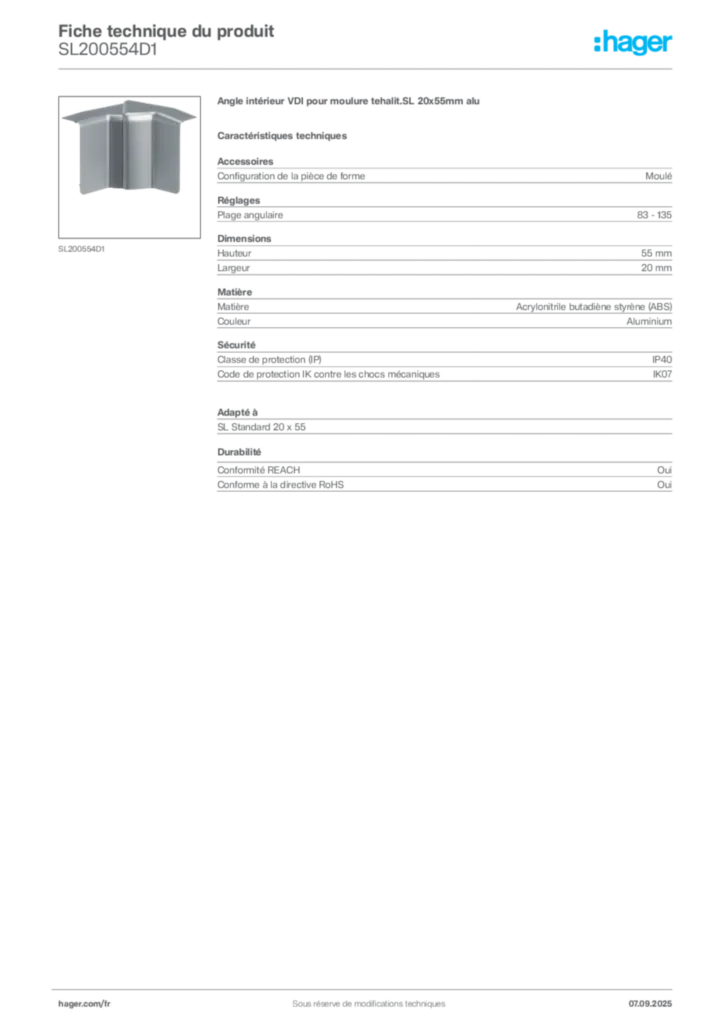 Image Hager Fiche technique du produit SL200554D1 | Hager France