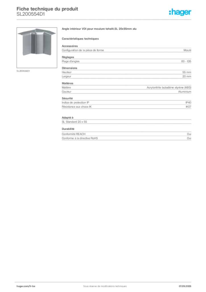 Image Hager Fiche technique du produit SL200554D1 | Hager Belgique