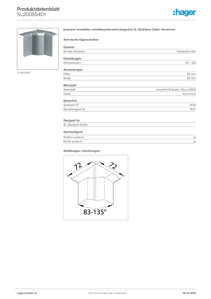 Bild Hager Produktdatenblatt SL200554D1 | Hager Schweiz