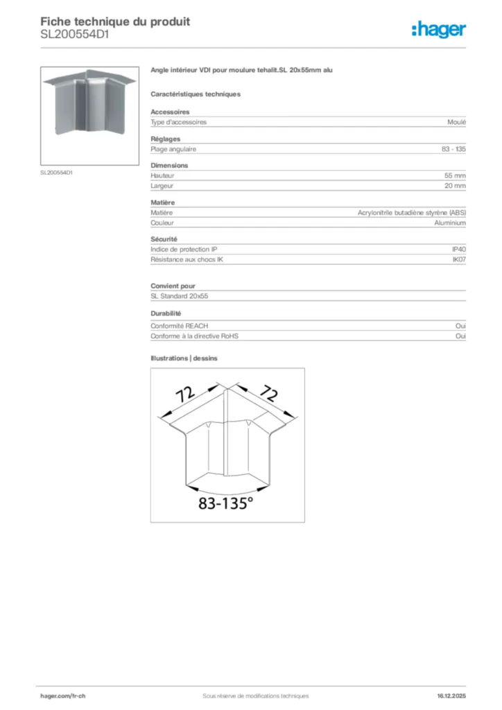 Image Hager Fiche technique du produit SL200554D1 | Hager Suisse