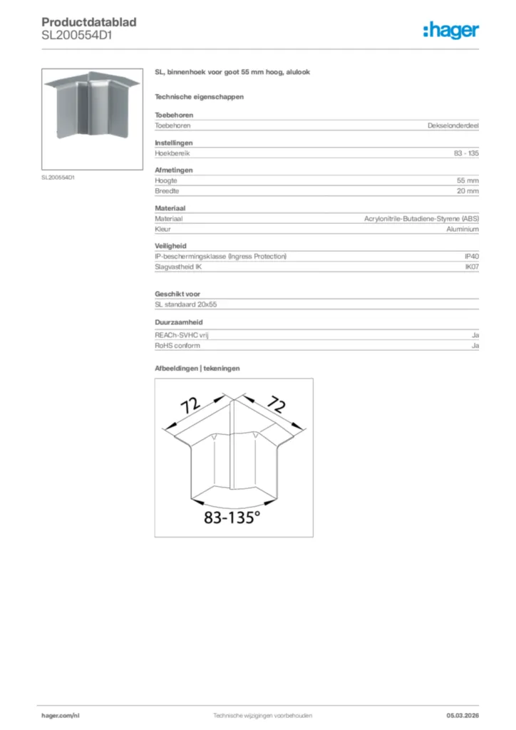 Afbeelding Hager Productdatablad SL200554D1 | Hager Nederland